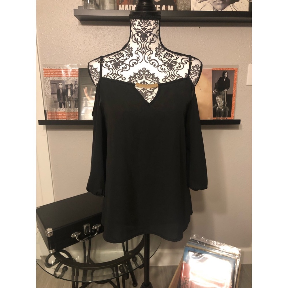 Black Cold Shoulder Top with Gold Accent Medium